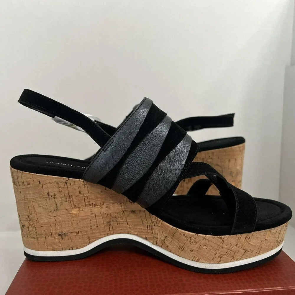 Donald Pliner Valri Wedge‎ Sandals Women's 10 Solid Black Strappy Slingback NWB